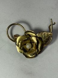 Gold Tone Vintage Faux Pearl Center Flower Brooch Pin
