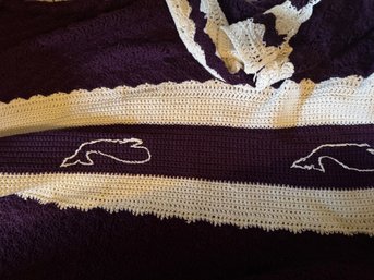Purple And White Whale Afghan Hand Knitted Crochet Vintage Blanket