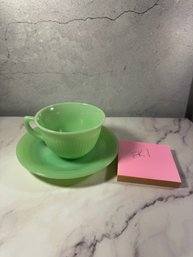 Vintage Fire-King Jadeite Tea Cup And Saucer Set Features The Distinctive Ribbed Jane Ray Pattern