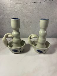 Pair Of Williamsburg Pottery Salt Glazed Candleholders