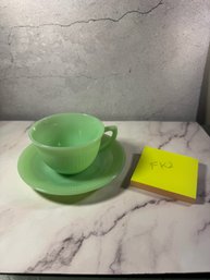 Vintage Fire-King Jadeite Tea Cup And Saucer Set Features The Distinctive Ribbed Jane Ray Pattern