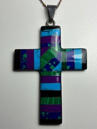 Vintage Pendant 925 Mexican Stone Inlay MASSIVE Signed CII