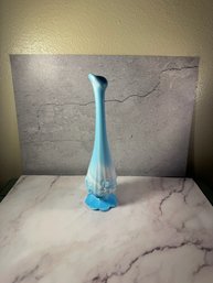 Vintage Fenton Blue Marble Slag Glass Cabbage Rose Swung Bud Vase