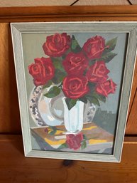 Vintage Red Roses Painting Framed