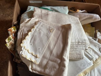 HUGE Box Lot Filled With Lace Linens Material Cloth And More!