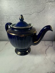 Vintage Hall China Company 'Los Angeles' Model #083 Teapot In Cobalt Blue With Ornate Gold Gilding