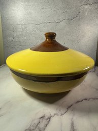 Vintage Watt Ovenware Pottery #96 Covered Casserole Dish In A Yellow And Brown Drip Glaze