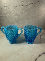 Vintage Fenton Blue Opalescent Hobnail Sugar Bowl And Creamer Set