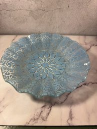 Vintage Sydenstricker Fused Art Glass Ruffled Bowl Plate In A Light Blue 'Embassy Lace' Or Floral Pattern