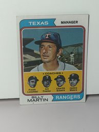 1974 Topps #379 Baseball Card Featuring Texas Rangers Manager Billy Martin Along With Coaches Frank Lucchesi,