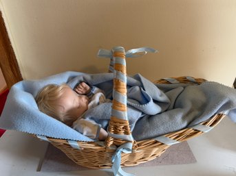 Marked Porcelain Baby Doll In Basket