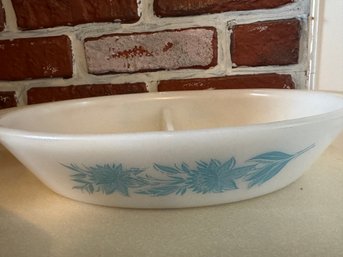 Vintage White Milkglass Blue Thistle Glasebake Casserole Dish
