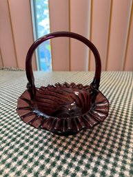 Vintage Amethyst Glass Handled Basket With Ruffled Edge