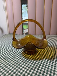 Vintage Glass Amber Basket Weave Pattern Basket
