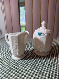 Vintage Westmoreland Milk Glass Creamer And Sugar Set Paneled Grape Pattern