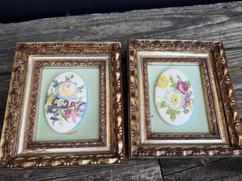 2 Vintage Miniature Decorative Wall Plaque Featuring An Oval Floral Ceramic Medallions