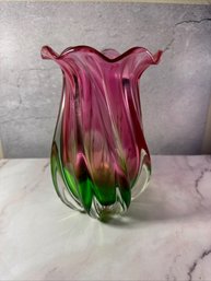 Hand Blown Watermelon Murano Style Glass Vase