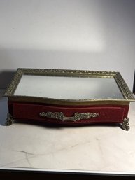 Vintage Jewelry Box Mirror Top With Ornate Silver Tone Filigree Metal Frame