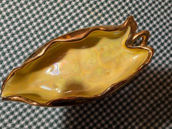 Vintage Yellow Leaf Shaped Dish With 22K Gold Accents