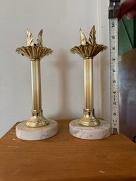 Vintage Italian Candlestick Holders Tall Polished Brass Pillars Set Upon White Marble Bases