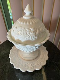 Vintage Milk Glass Grapes Pattern Lidded Footed Candy Dish And Underplate