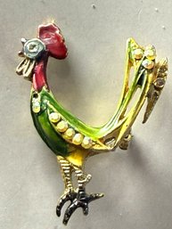Vintage Enamel Rhinestone Rooster Pin Brooch