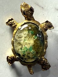 Vintage Turtle Cabochon Center Rhinestone Brooch Pin