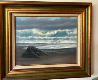 Oil On Canvas Beach Scene With Seagull - 14x18 - Signed Bruce B Turner