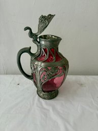 Antique Pewter Overlay Ruby Glass - 10 Inch