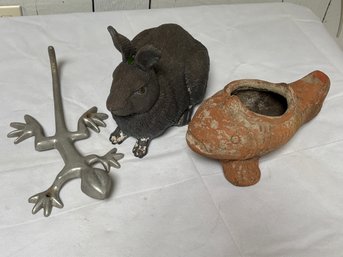 Garden Menagerie With Aluminum Lizard, Terracotta Fish, And Composition Bunny