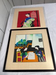 Two Colorful Asian Paintings Of Women Sg Hu Yong Kai, 1 Framed 15 X 15 In, 1 Matted, 10x10