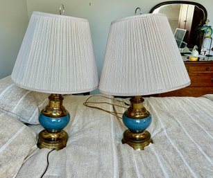 Pair Of Brass Lamps With Blue Accents