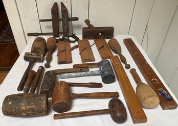 Antique Wooden Tools 20 Plus Pieces Include Levels, Mallets, Planes