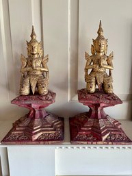 Pair Of Wood Carved Thai Figures - 15 Inch