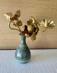 Wood Carved Gold Lotus Flowers In Vase
