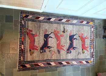 Vintage Handwoven Rug With Animal Designs - 48x75