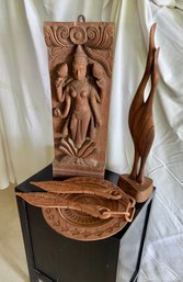 Lot Of Wooden Wooden Art Including Carved Hindu Goddess