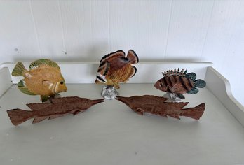 Lot Of Wood Carved Decorative Fish Sculptures