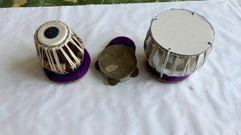 Two Tabla Drums Probably From India And A Decorative Tambourine
