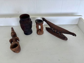 Four Hand Carved Wooden African  Items Including Pipe