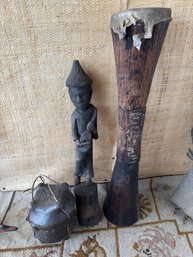 Three Examples Of African Art Including Kundu 27 Inch Drum
