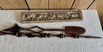 Carved African Panel And Two Ceremonial Items