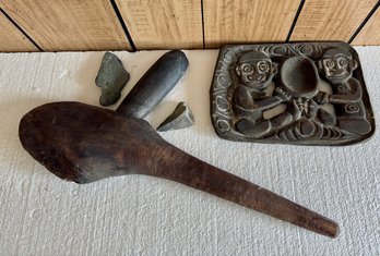 Carved African Plaque And Wood And Stone Tool