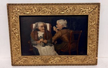Two Elderly Women - Oil On Canvas In Relief Gilt Frame - 9x15 - 14x 19 Framed