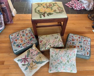 Four Embroidered Pillows And 2 Stools