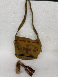 NATIVE AMERICAN BAG W/RATTLE. BAG 10x11