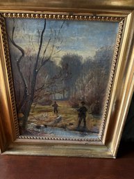 HUNTING SCENE OIL/BOARD 13x15 FRAMED