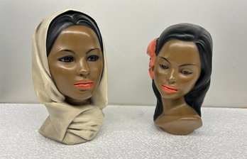 Two Vintage 1960s Chalkware Busts - 10 Inches