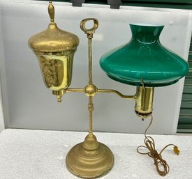 Large Brass Student Electrified Lamp With Original Green Shade