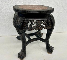 Asian Carved Rosewood Style Plant Stand With Marble Insert - 15x17